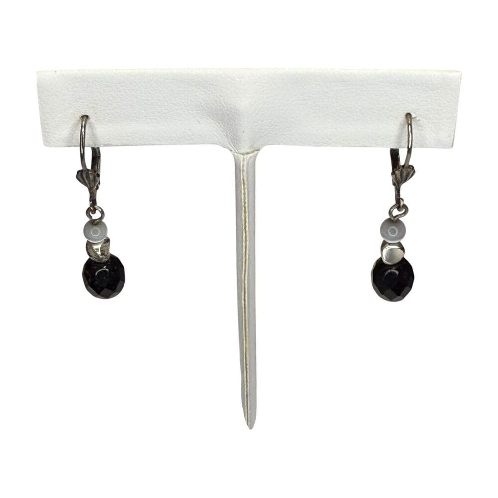 Vintage Silver-Tone Faceted Black Beaded Dangle Earring Leverback Womens Jewelry - Picture 5 of 6